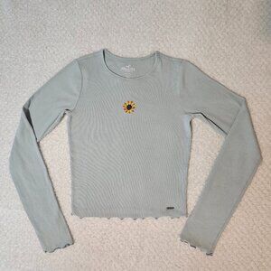 Hollister Long Sleeve Ribbed Baby Tee–Mint Green, Sunflower Embroidery Women’s S